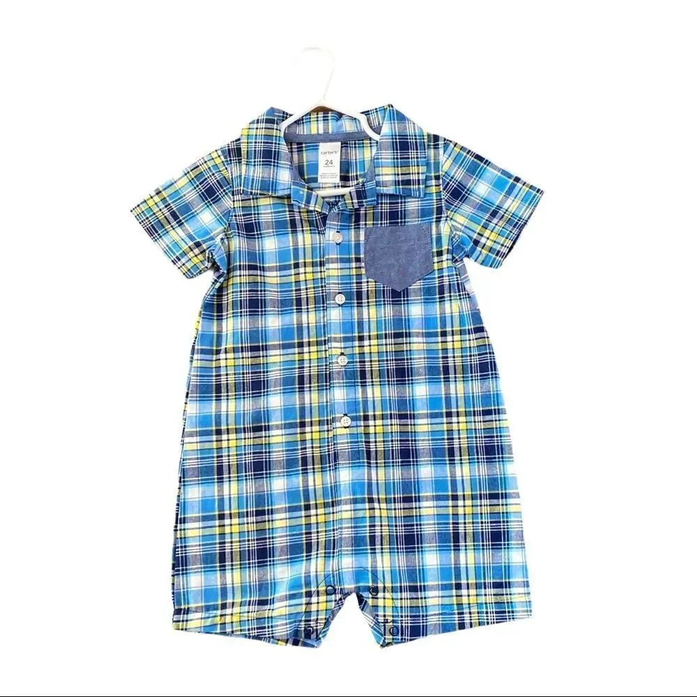 Carters Button Down Short Sleeve Shorts Onesie